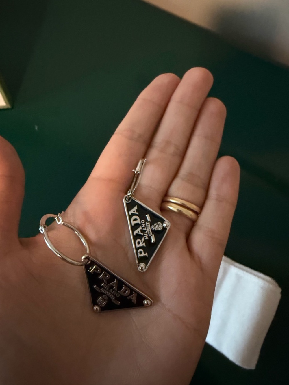 Prada Black Triangle Logo Hoop Earrings with Silver Tone - Picture 3 of 5